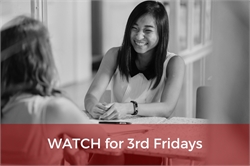 [ai] Two women sitting at a table, one smiling while looking at the other, who is partially visible. The bottom section of the image has a red overlay with the text 'WATCH for 3rd Fridays'.